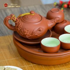 Bộ Ấm Trà Tử Sa Đắp Nổi Hoa Sen Khay Thủng