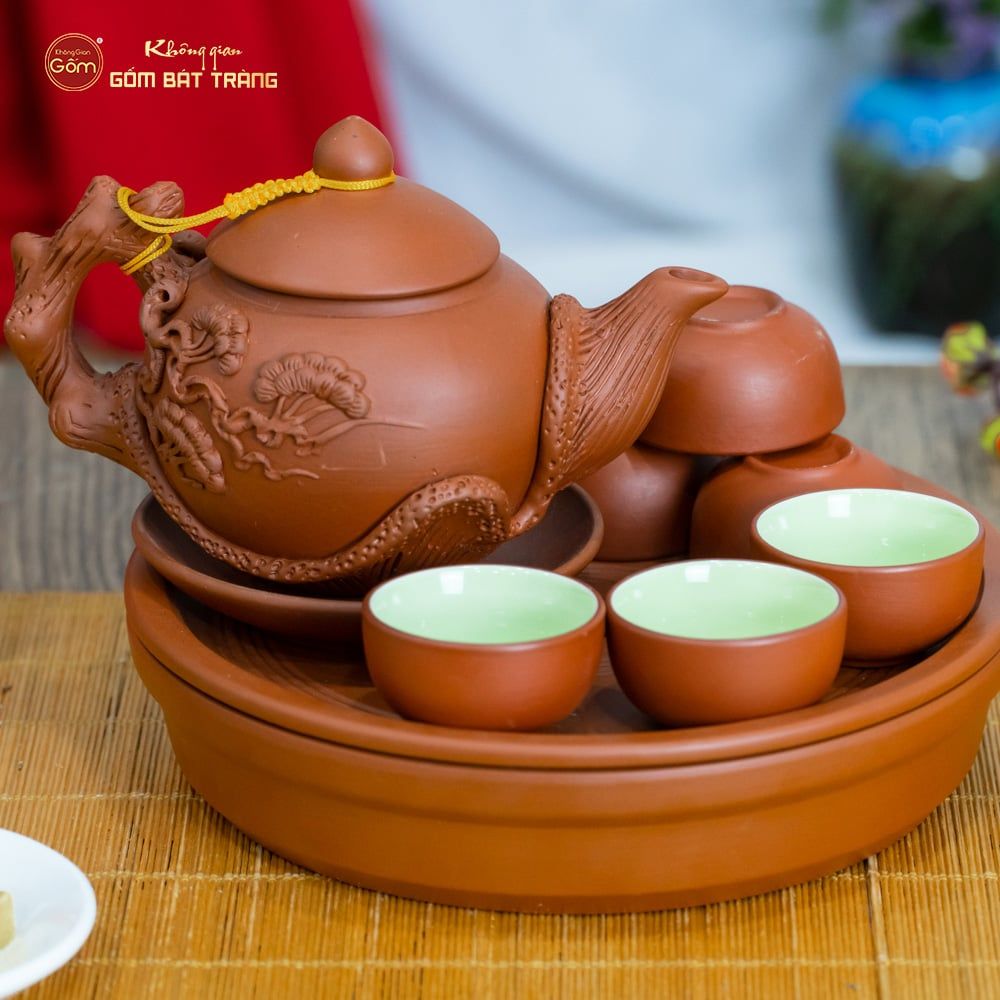 Bộ Ấm Trà Tử Sa Đắp Nổi Hoa Mẫu Đơn Khay Thủng