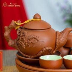 Bộ Ấm Trà Tử Sa Đắp Nổi Hoa Mẫu Đơn Khay Thủng
