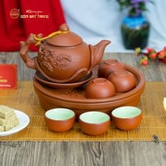 Bộ Ấm Trà Tử Sa Đắp Nổi Hoa Mẫu Đơn Khay Thủng
