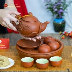 Bộ Ấm Trà Tử Sa Đắp Nổi Hoa Mẫu Đơn Khay Thủng