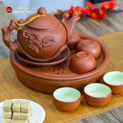 Bộ Ấm Trà Tử Sa Đắp Nổi Hoa Mẫu Đơn Khay Thủng