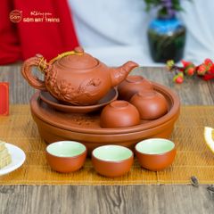 Bộ Ấm Trà Tử Sa Đắp Nổi Hoa Sen Khay Thủng