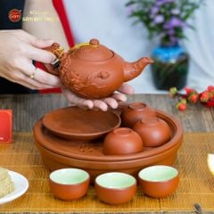 Bộ Ấm Trà Tử Sa Đắp Nổi Hoa Sen Khay Thủng