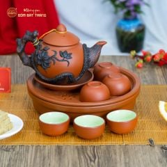 Bộ Ấm Trà Tử Sa Đắp Nổi Hoa Mẫu Đơn Khay Thủng