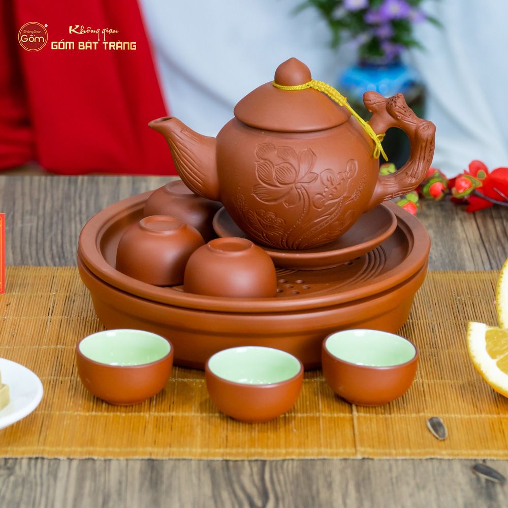 Bộ Ấm Trà Tử Sa Khắc Hoa Khay Thủng