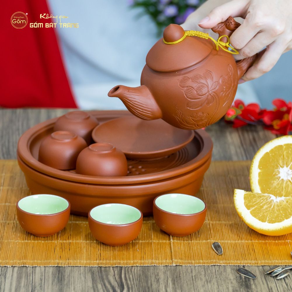 Bộ Ấm Trà Tử Sa Khắc Hoa Khay Thủng