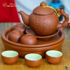 Bộ Ấm Trà Tử Sa Khắc Hoa Khay Thủng