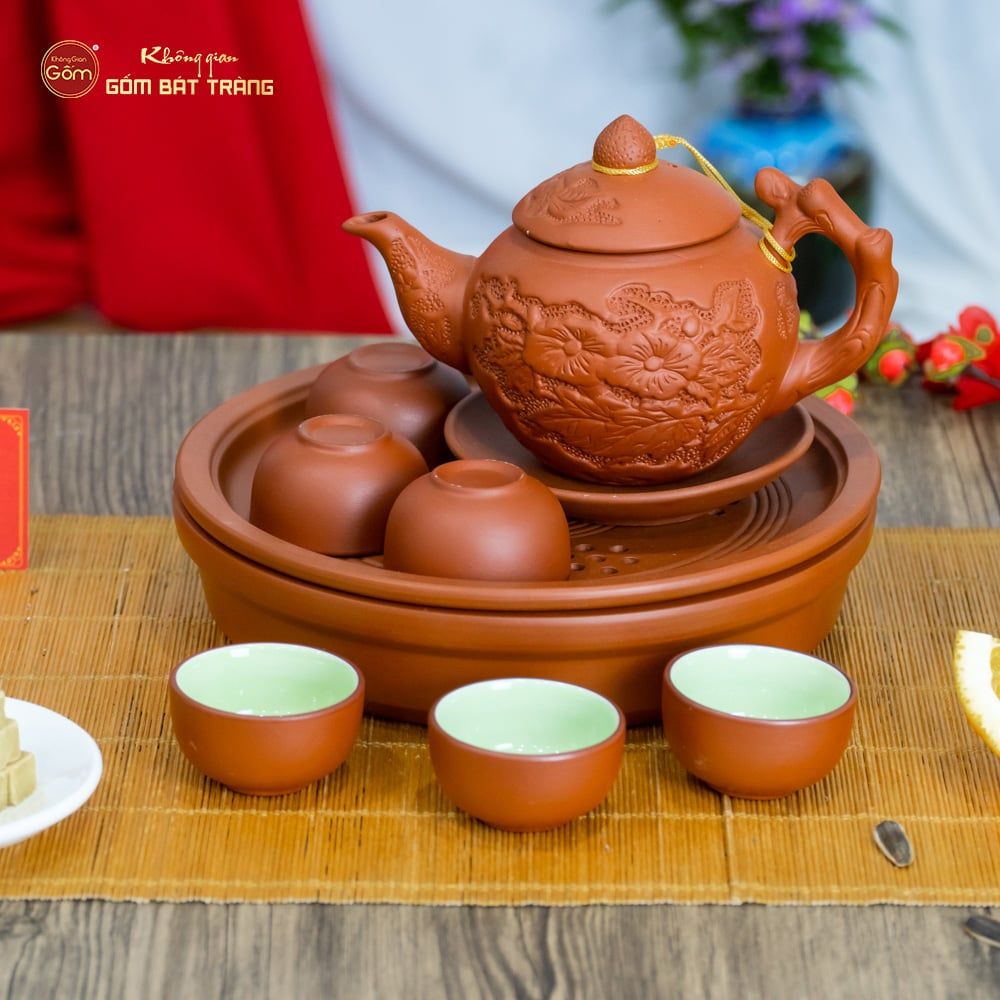 Bộ Ấm Trà Tử Sa Hoa Châm Khay Thủng