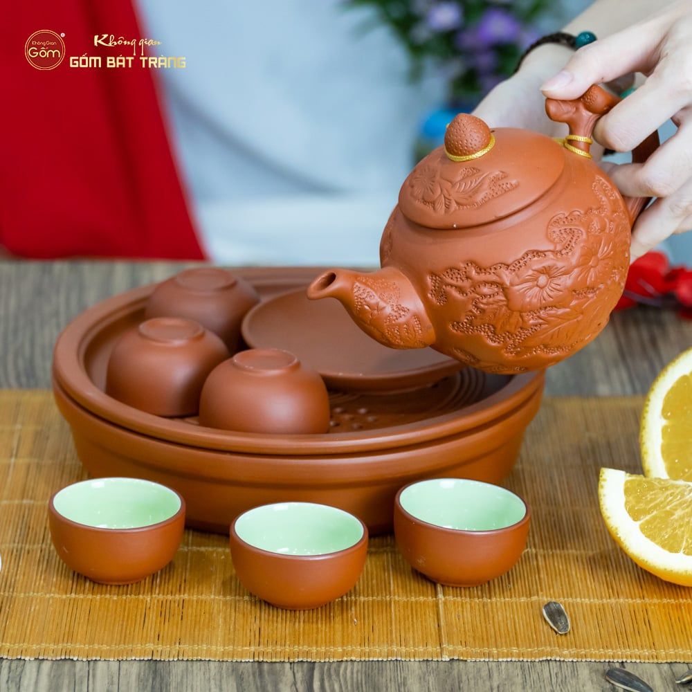 Bộ Ấm Trà Tử Sa Hoa Châm Khay Thủng