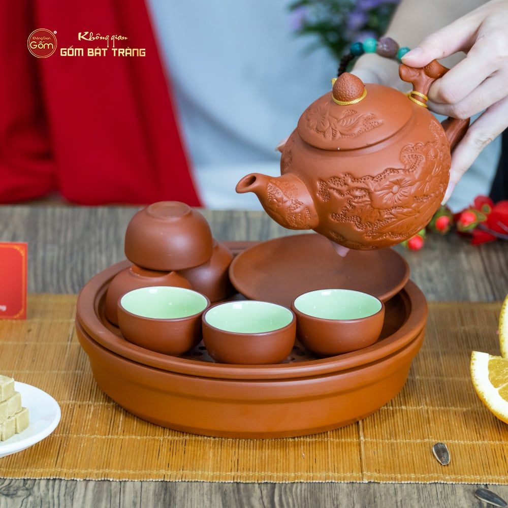 Bộ Ấm Trà Tử Sa Hoa Châm Khay Thủng