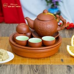 Bộ Ấm Trà Tử Sa Khắc Hoa Khay Thủng