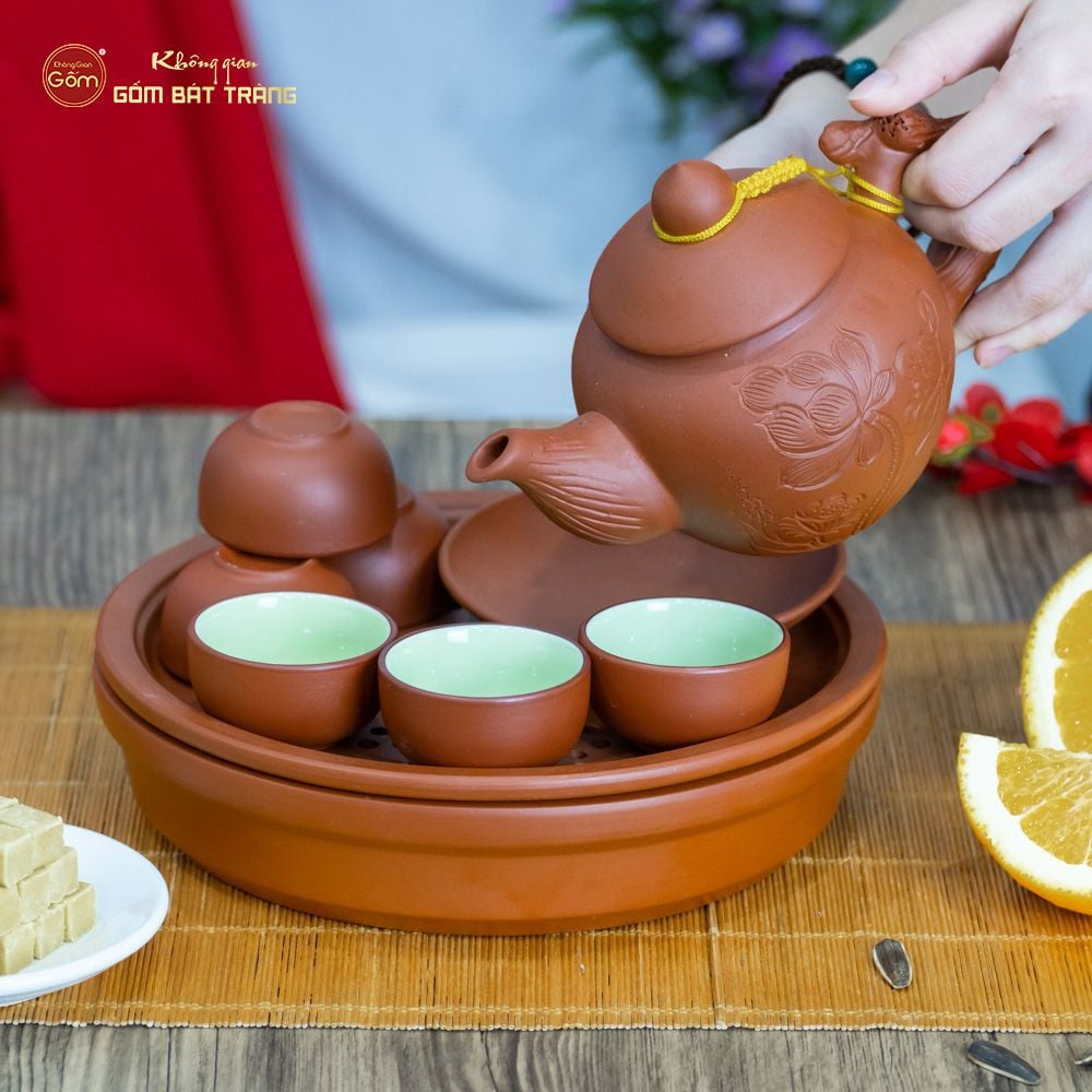 Bộ Ấm Trà Tử Sa Khắc Hoa Khay Thủng