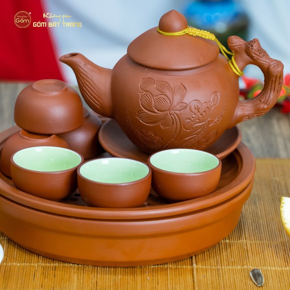 Bộ Ấm Trà Tử Sa Khắc Hoa Khay Thủng