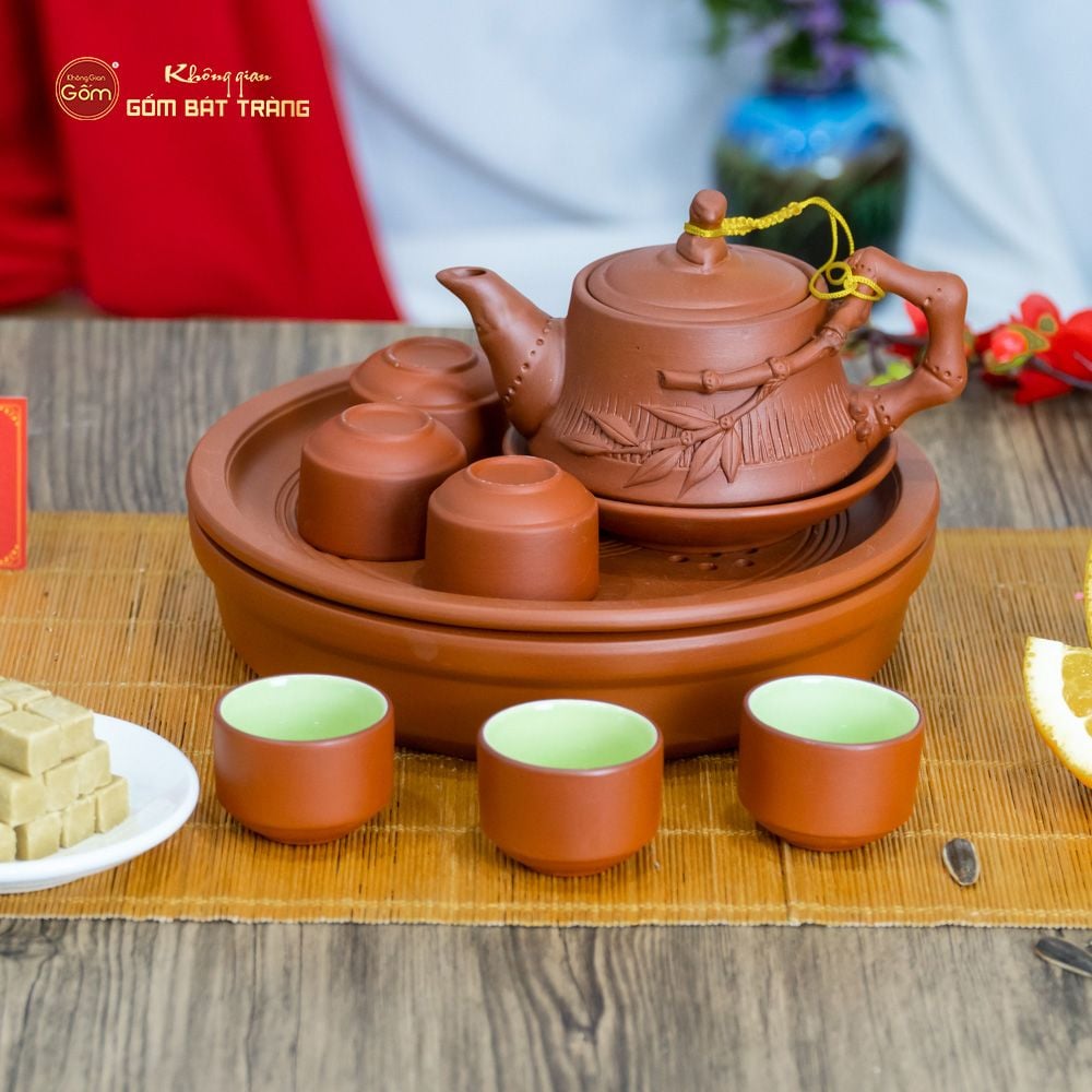 Bộ Ấm Trà Tử Sa Đắp Trúc Khay Thủng