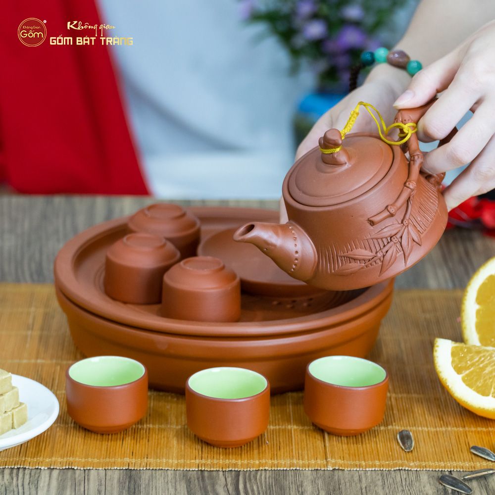 Bộ Ấm Trà Tử Sa Đắp Trúc Khay Thủng