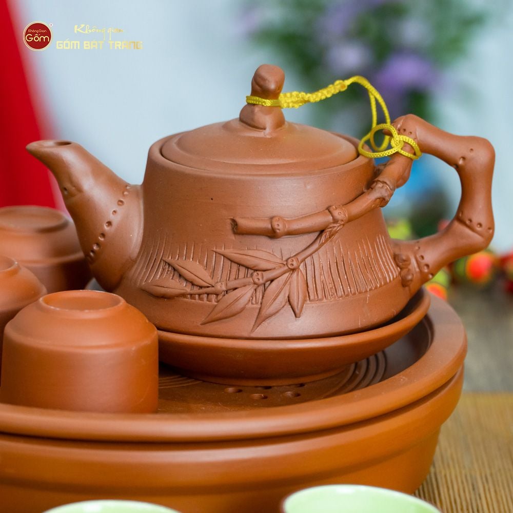 Bộ Ấm Trà Tử Sa Đắp Trúc Khay Thủng