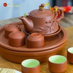 Bộ Ấm Trà Tử Sa Đắp Trúc Khay Thủng