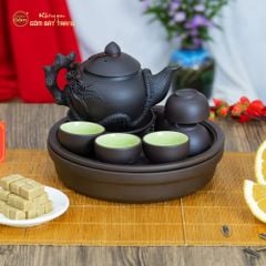 Bộ Ấm Trà Tử Sa Đắp Nổi Hoa Mẫu Đơn Khay Thủng