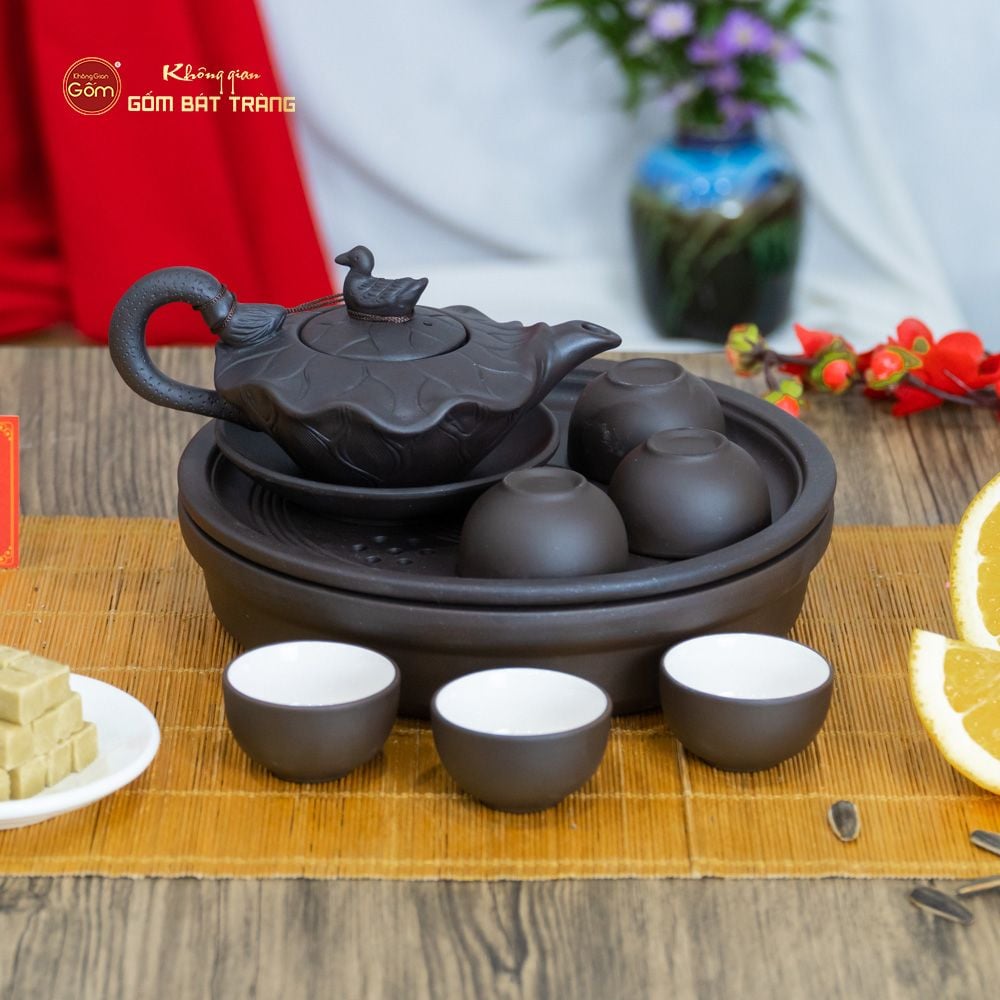 Bộ Ấm Trà Tử Sa Sen Vịt Khay Thủng