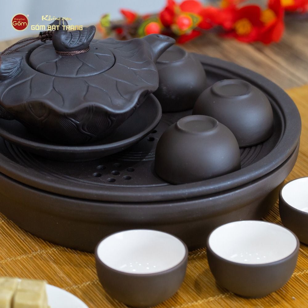 Bộ Ấm Trà Tử Sa Sen Vịt Khay Thủng