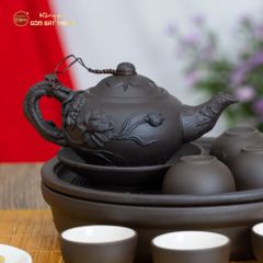 Bộ Ấm Trà Tử Sa Đắp Nổi Hoa Sen Khay Thủng