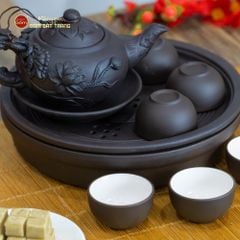 Bộ Ấm Trà Tử Sa Đắp Nổi Hoa Sen Khay Thủng