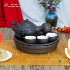 Bộ Ấm Trà Tử Sa Đắp Nổi Hoa Sen Khay Thủng