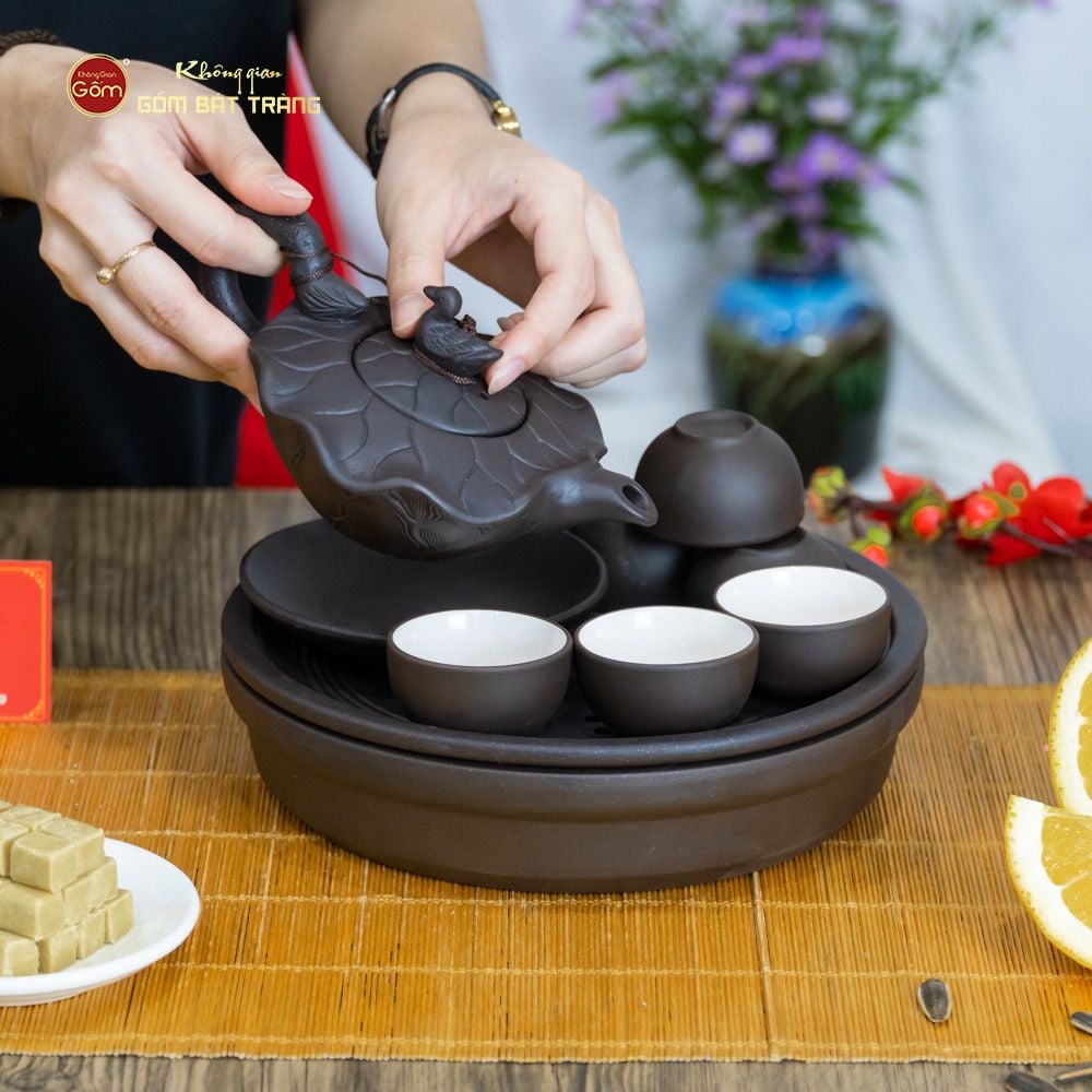 Bộ Ấm Trà Tử Sa Sen Vịt Khay Thủng