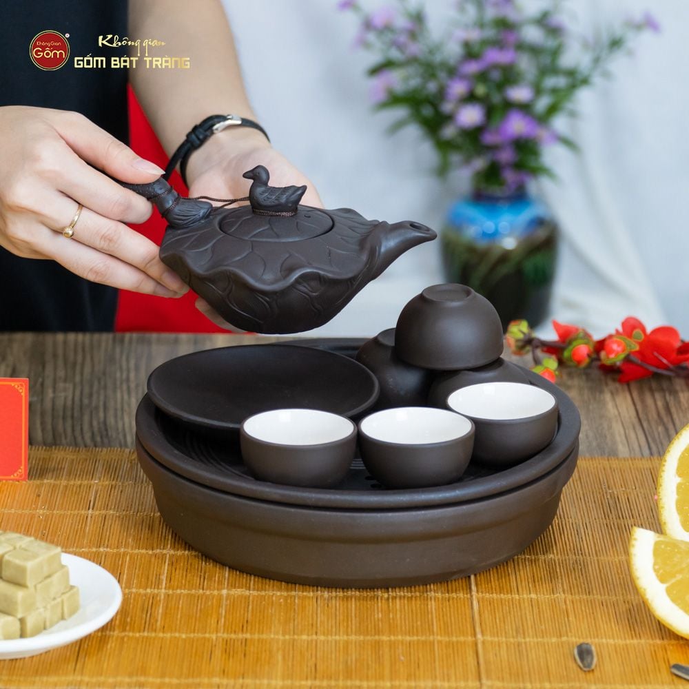 Bộ Ấm Trà Tử Sa Sen Vịt Khay Thủng