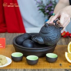 Bộ Ấm Trà Tử Sa Hoa Châm Khay Thủng