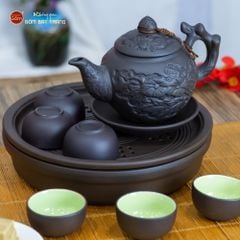 Bộ Ấm Trà Tử Sa Hoa Châm Khay Thủng