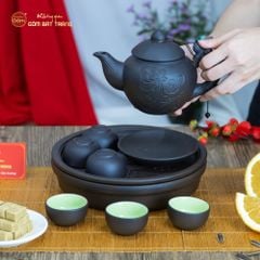 Bộ Ấm Trà Tử Sa Khắc Hoa Khay Thủng