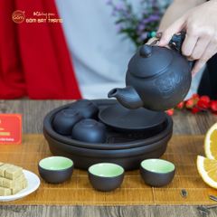 Bộ Ấm Trà Tử Sa Khắc Hoa Khay Thủng