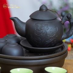 Bộ Ấm Trà Tử Sa Khắc Hoa Khay Thủng