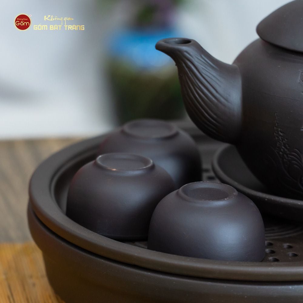 Bộ Ấm Trà Tử Sa Khắc Hoa Khay Thủng