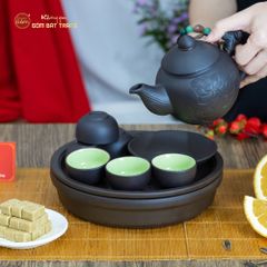 Bộ Ấm Trà Tử Sa Khắc Hoa Khay Thủng