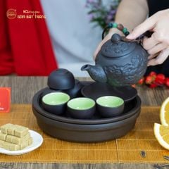 Bộ Ấm Trà Tử Sa Hoa Châm Khay Thủng