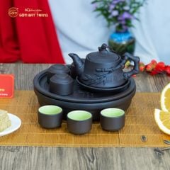 Bộ Ấm Trà Tử Sa Đắp Trúc Khay Thủng