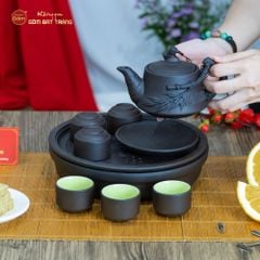Bộ Ấm Trà Tử Sa Đắp Trúc Khay Thủng