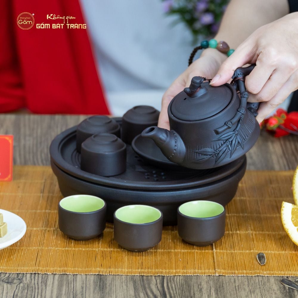 Bộ Ấm Trà Tử Sa Đắp Trúc Khay Thủng