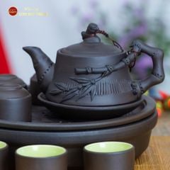 Bộ Ấm Trà Tử Sa Đắp Trúc Khay Thủng