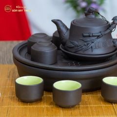 Bộ Ấm Trà Tử Sa Đắp Trúc Khay Thủng