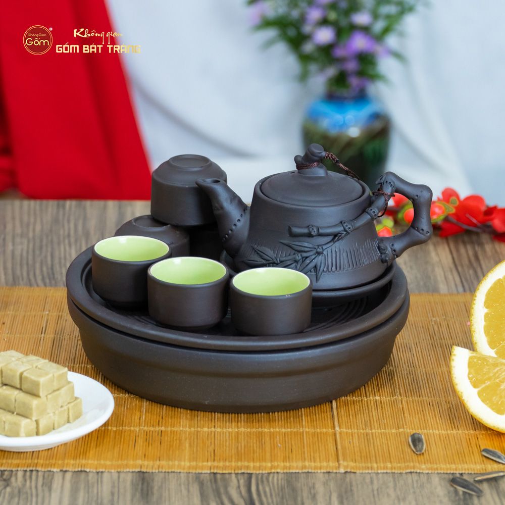 Bộ Ấm Trà Tử Sa Đắp Trúc Khay Thủng