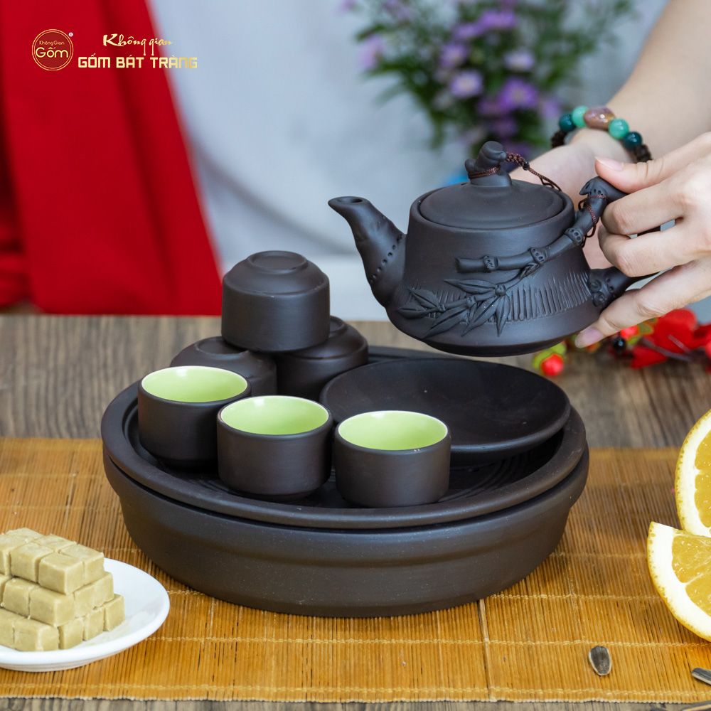 Bộ Ấm Trà Tử Sa Đắp Trúc Khay Thủng