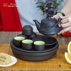 Bộ Ấm Trà Tử Sa Đắp Trúc Khay Thủng