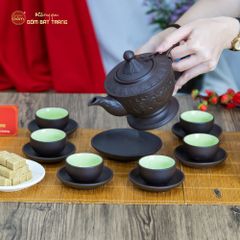 Bộ Ấm Trà Tử Sa Dáng Đèn Khắc Nổi