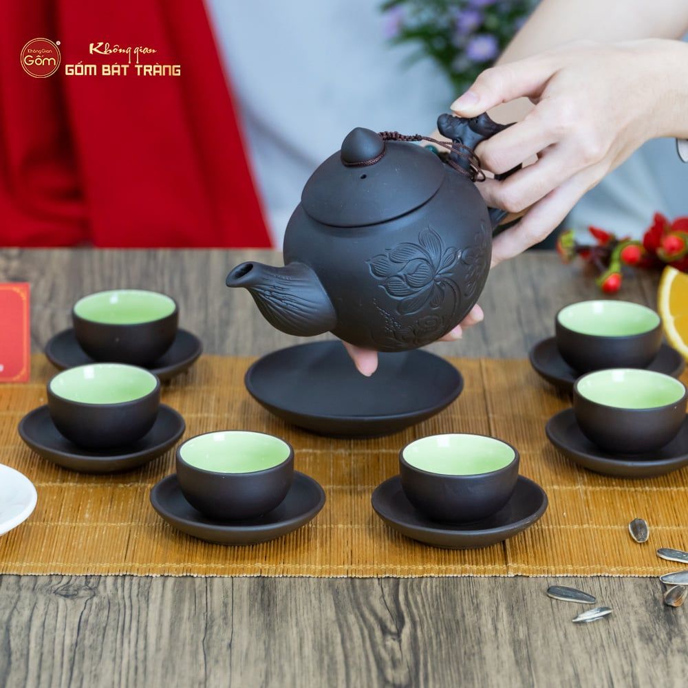 Bộ Ấm Trà Tử Sa Khắc Hoa Sen