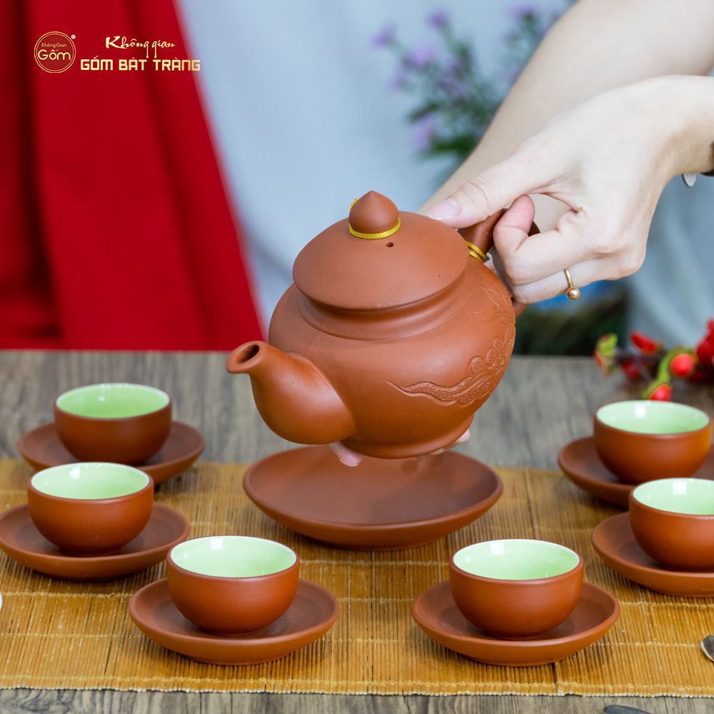 Bộ Ấm Trà Tử Sa Quai Rồng Tách Lót