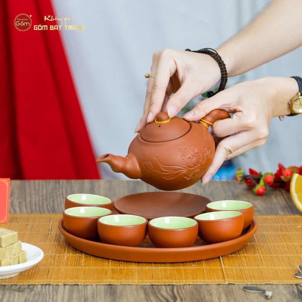 Bộ Ấm Trà Tử Sa Đĩa Đơn Đắp Trúc